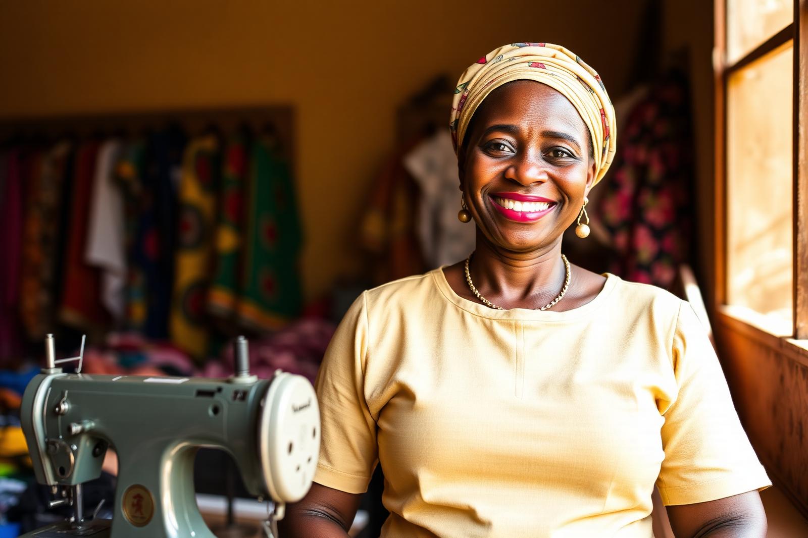 A woman entrepreneur smiling at her tailoring workshop