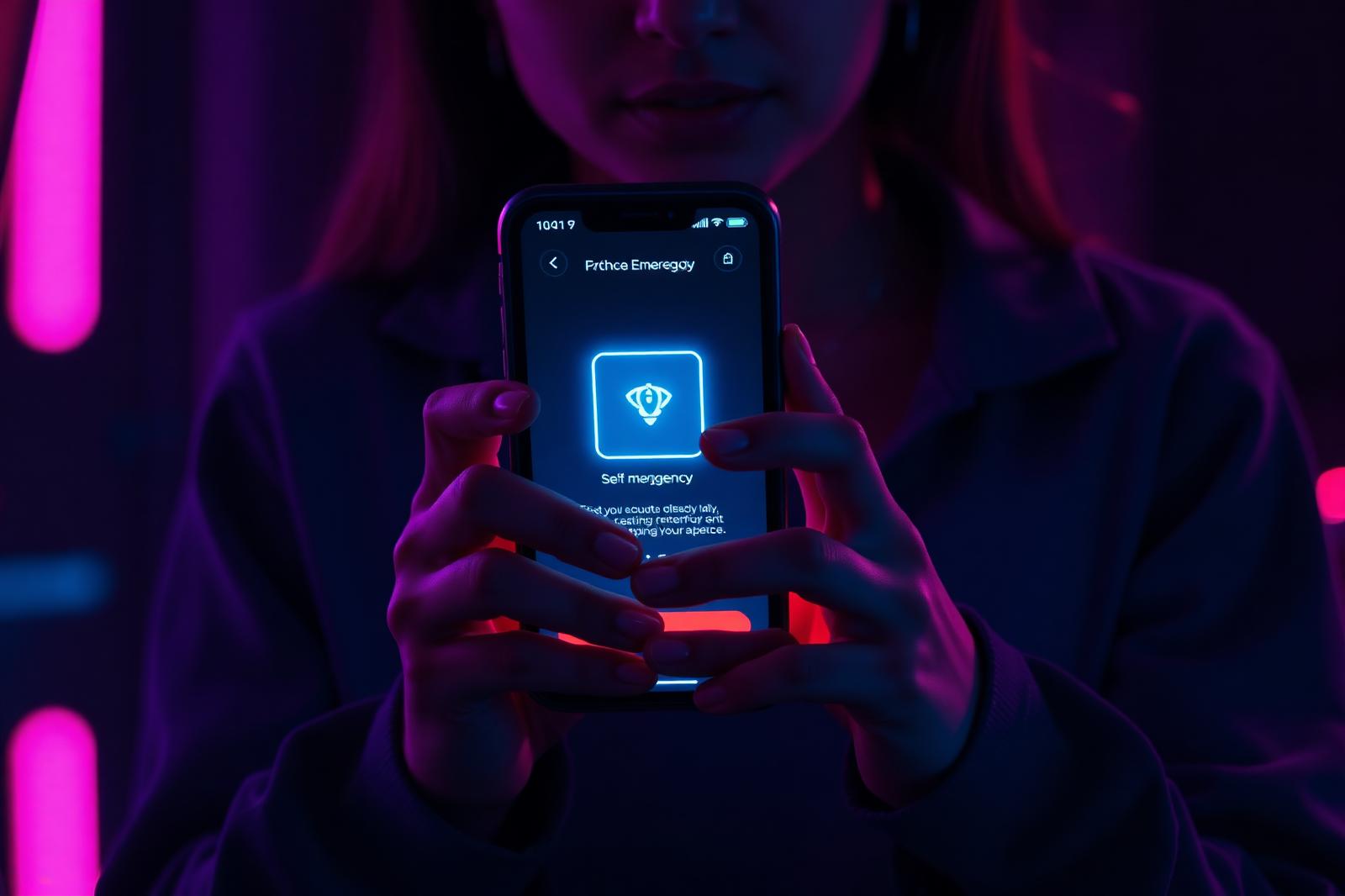 A woman holding a smartphone with a glowing emergency app interface